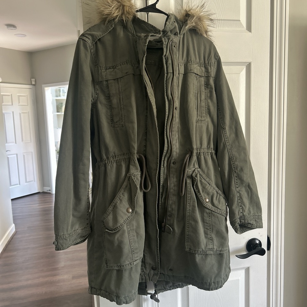 Olive Parka Coat with Faux Fur Trim